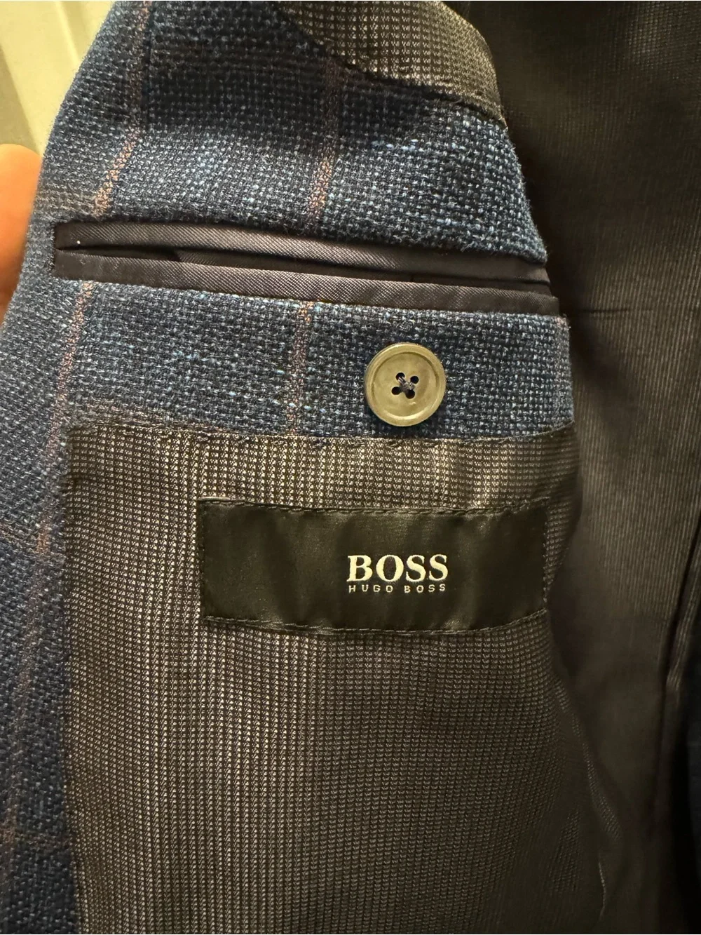 Hugo Boss Navy Blue Windowpane Sport Coat with Brown Check